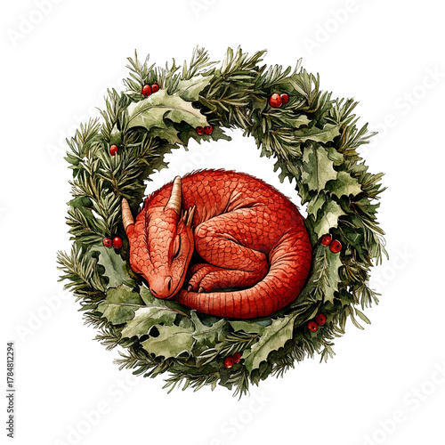 Watercolor red dragon curled inside a Christmas wreath. High-resolution PNG with transparent background. Suitable for cards, prints, stickers, crafts and sublimation.