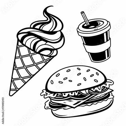 Black and white illustration of a hamburger ice cream cone and soda cup