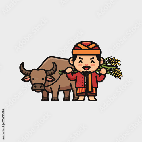 Happy farmer with buffalo carrying harvested rice stalks, symbolizing agriculture and rural life