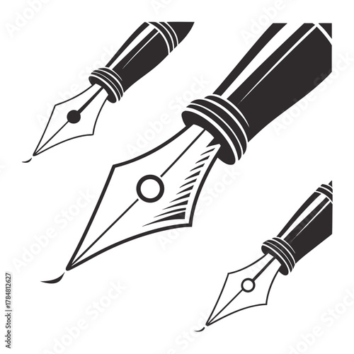 Three classic fountain pen nibs with ink strokes
