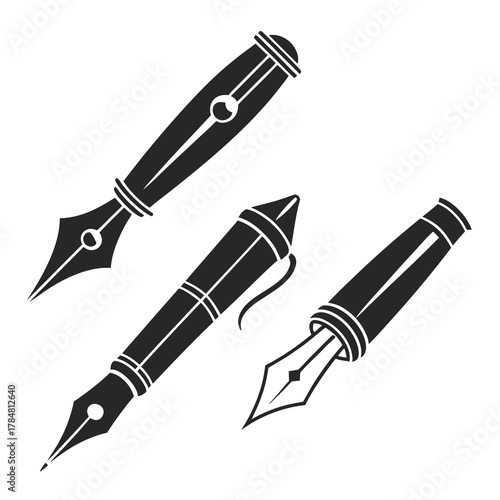 Collection of elegant black fountain pen silhouettes on a white background