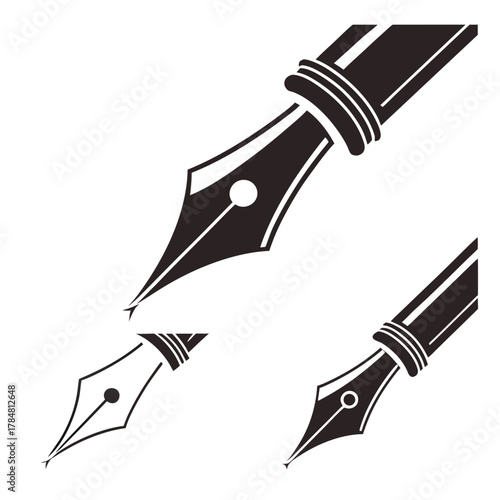 Set of three black fountain pen nib icons on a white background