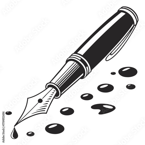 Classic fountain pen with ink drops on white background