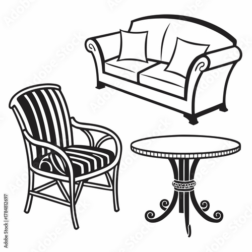 Black and white illustration of a sofa chair and table on a white background