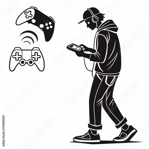 Silhouette of a person playing video games with controllers and headphones