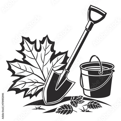 Autumn gardening tools with shovel bucket and maple leaves