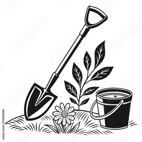 Gardening tools and plants on white background vector illustration