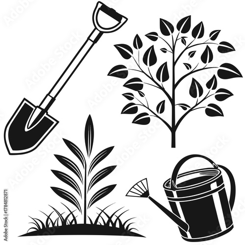 Gardening tools and plants illustration for growth and cultivation