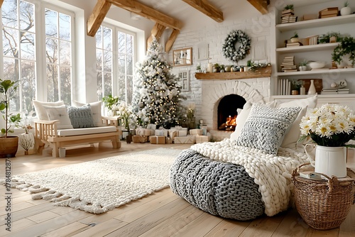 Cozy winter living room bathed in natural light, featuring a decorated Christmas tree, roaring fireplace, and comfortable seating for festive holiday relaxation.
