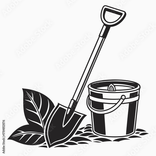 Gardening tools spade bucket and leaves illustration