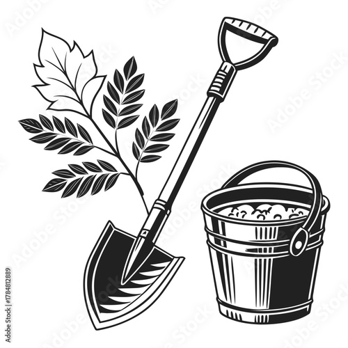 Gardening tools with a seedling and bucket of soil