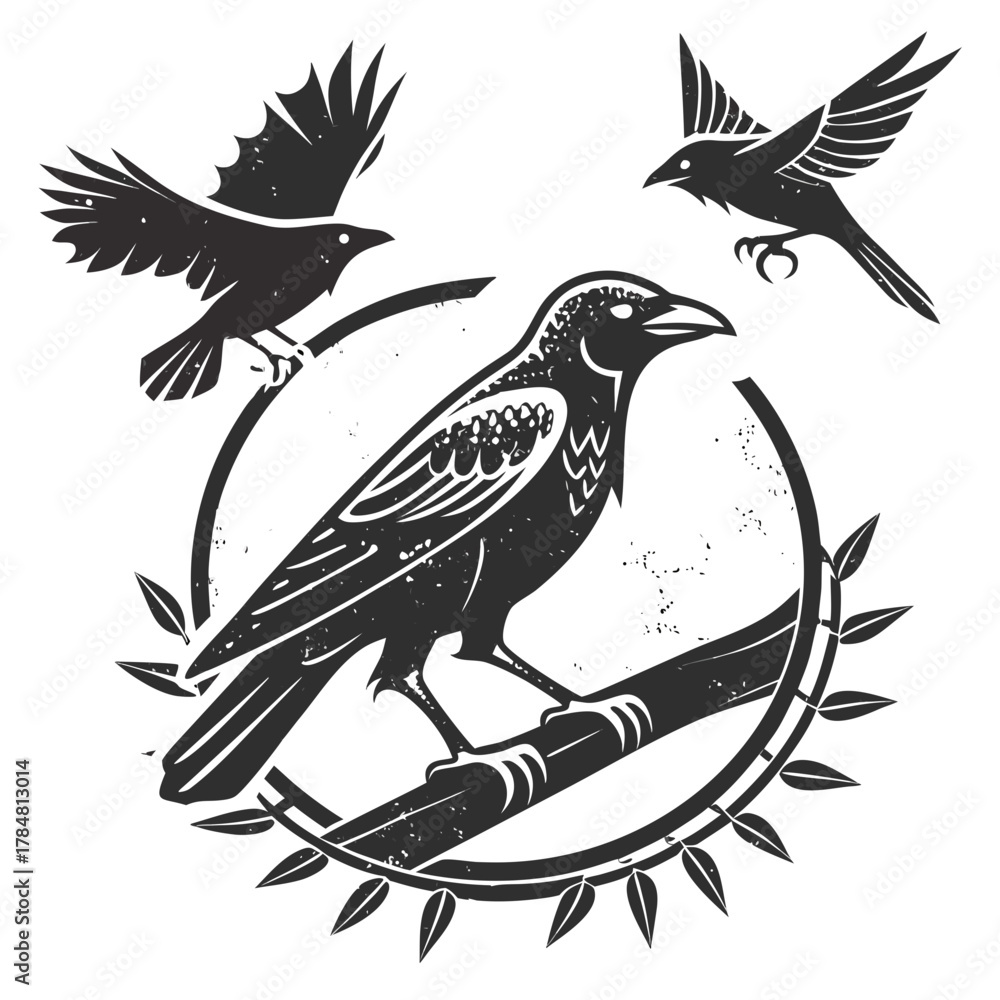 Naklejka premium Stylized black birds in flight and perched on a branch within a circular frame