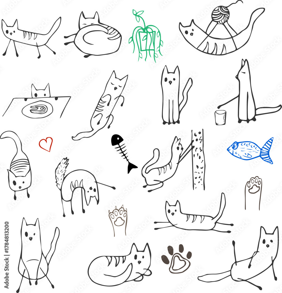 Obraz premium Funny cats hand-drawn in different poses and deeds, children's drawing style