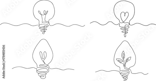 Set of 4 light bulbs, one line drawing