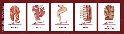 Cards with different types of fish and meat