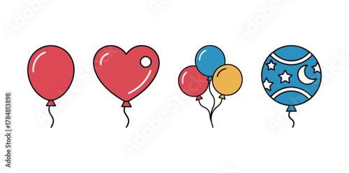 Set of colorful cartoon party balloon vector icons in various shapes like standard oval, heart, and a blue celestial design with stars and a crescent moon