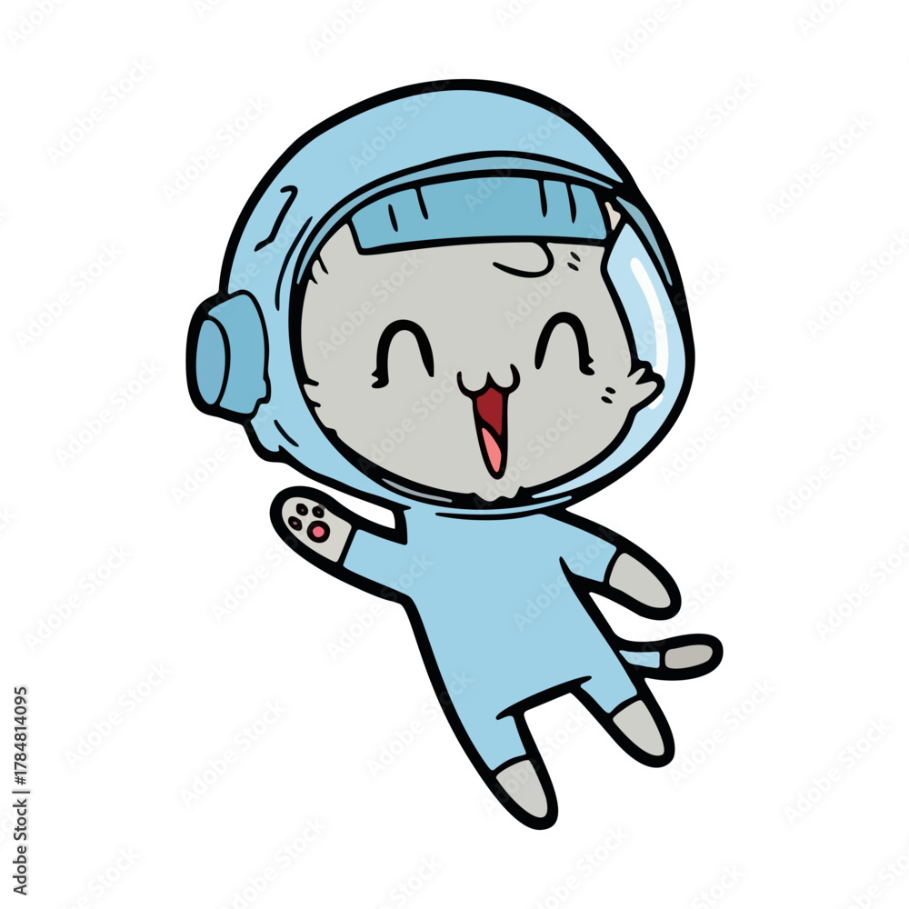 Naklejka premium Happy Cartoon Cat Astronaut Soaring in Space, Smiling with Joy, Vector Illustration for Fun