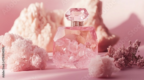 Sparkling Pink Perfume Bottle with Crystal Base, Faceted Cap, and Soft Floral Elements in a Dreamy Monochromatic Setting