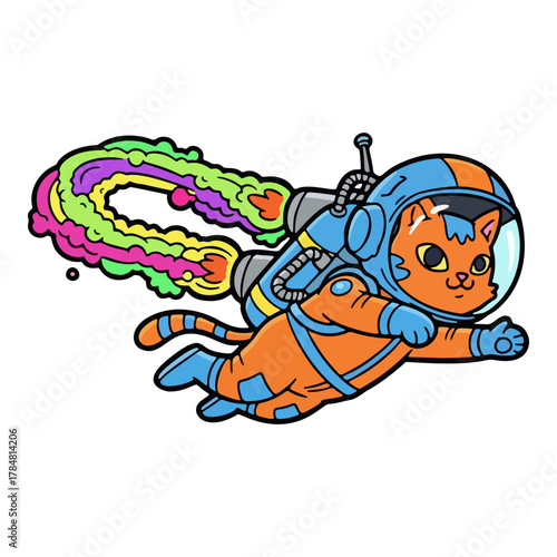 Adorable cartoon kitten cosmonaut exploring the galaxy, propelled by a vibrant, multi-colored jetpack exhaust