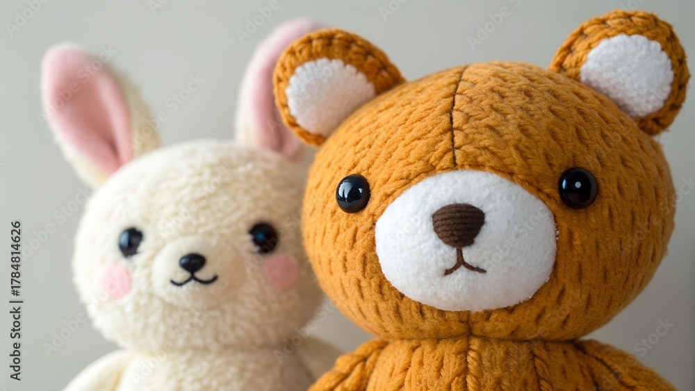 Fototapeta premium Two Plush Toys A White Bunny And A Brown Bear Close Up Portrait Studio Shot