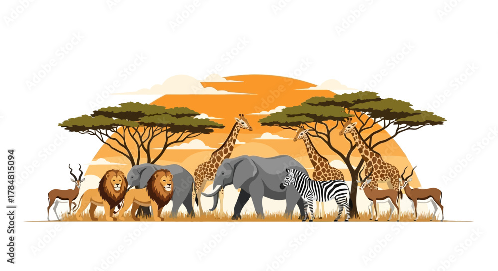 Fototapeta premium Majestic African savanna wildlife featuring lions elephants giraffes zebras and antelopes under a vibrant sunset sky with acacia trees