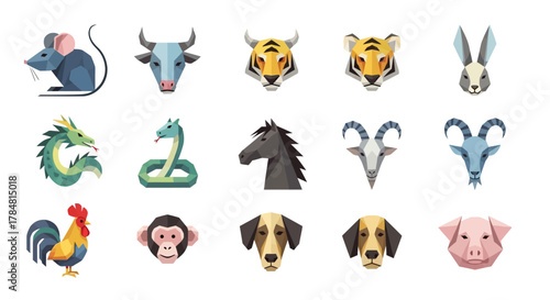 Vibrant geometric animal collection showcasing the Chinese zodiac symbols with modern artistic flair, perfect for cultural and festive designs