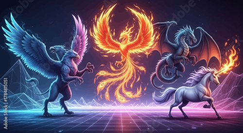 Mythical creatures soar through a neon digital landscape, featuring a majestic phoenix, fierce dragon, dual-headed griffin, and radiant unicorn.