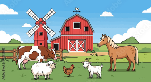 Charming cartoon farm scene with diverse animals like a cow, sheep, goat, chicken, and horse alongside a rustic barn and windmill under a blue sky with clouds, perfect for children's content.