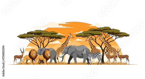 Majestic African savanna wildlife featuring lions elephants giraffes zebras and antelopes under a vibrant sunset sky with acacia trees