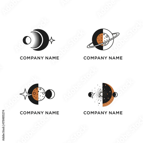 Celestial Body Logos Featuring Moons Planets and Stars.