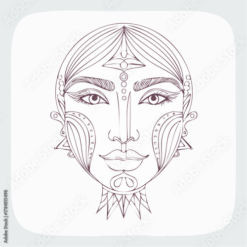 Stylized female face with intricate geometric patterns and serene expression