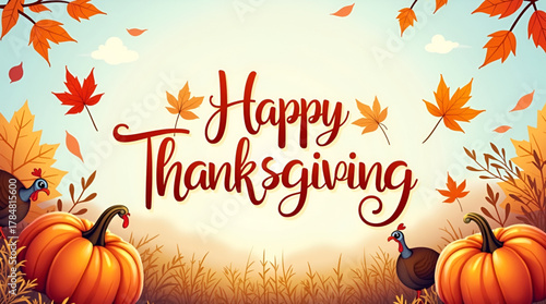 Charming Thanksgiving Day vector illustration, with Happy Thanksgiving Day lettering in modern script, combined with cute hand-drawn elements — turkeys, pumpkins, pies, and colorful fall leaves 