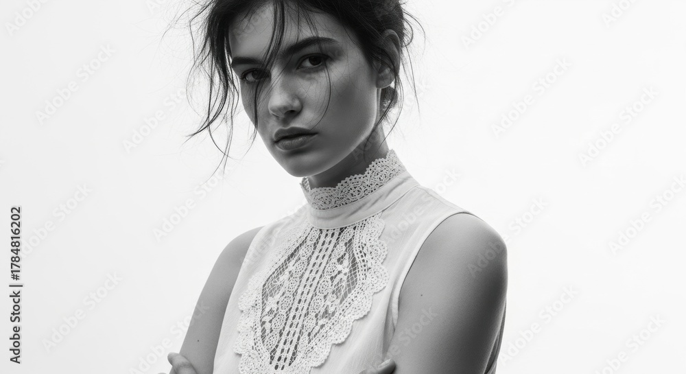 Naklejka premium High fashion monochrome portrait of a young adult female. Confident woman with an intense gaze wearing a vintage lace blouse. Minimalist beauty and skincare concept