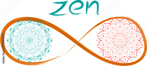 Vector illustration infinity sign with mandala and zen Lettering