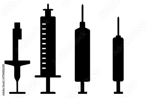 Syringe injection set icon silhouette art, medical syringe black symbol