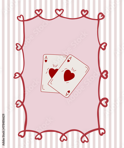  Interior poster for Valentine's Day playing cards with the suit of hearts  Vector illustration doodle art