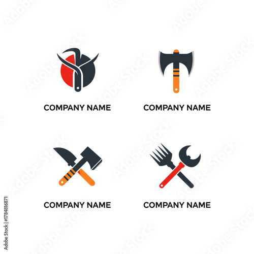 Collection of four distinct company logos featuring various tools and implements.