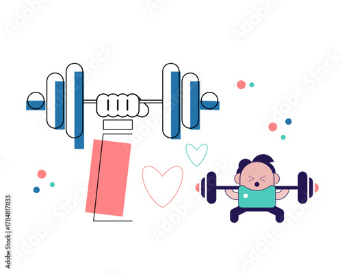 A cute character lifts a heavy barbell beside a large illustrated dumbbell, symbolizing fitness, strength training, and motivation with playful hearts and colorful accents.