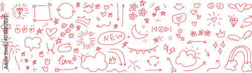 Abstract red and white doodle art collage with figures and symbols A chaotic yet whimsical collage of red and white abstract doodles, featuring figures, faces, and various symbolic shapes.