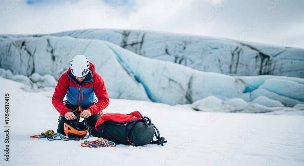 Fototapeta premium Professional male alpinist preparing technical gear for an ice climb. Extreme winter sports and adventure tourism. Safety and preparation for a mountain expedition. Reaching new heights