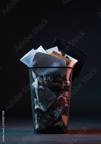 A wire mesh waste container overflowing with discarded papers and refuse, indicating a need for organization and cleanup in a workspace ,environment ,mesh ,cleanup