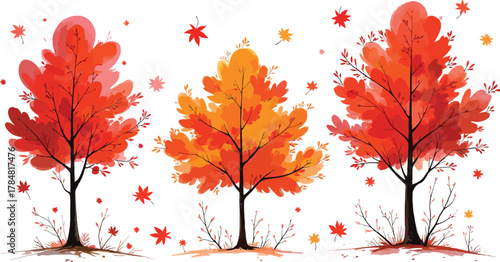 Vibrant Autumn Trees with Falling Leaves in Artistic Illustration Style