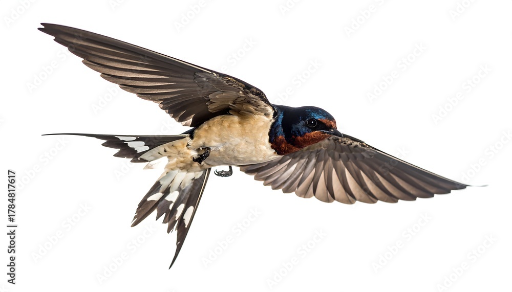 Naklejka premium A swallow in full flight, showcasing vibrant plumage and spread wings, captured against a clean white backdrop