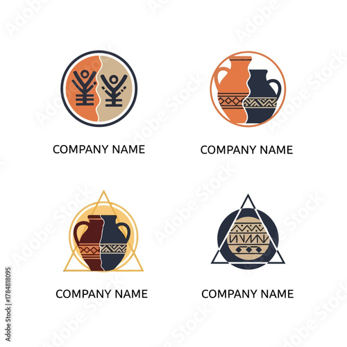 Collection of four unique logos featuring traditional African pottery and symbols.