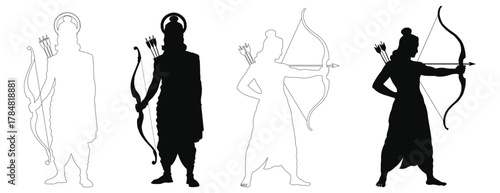 Lord Rama Black Silhouette Vector clip Art ram navami  hindu, god, bow, arrow, outline, indian, festival, religion, illustration 