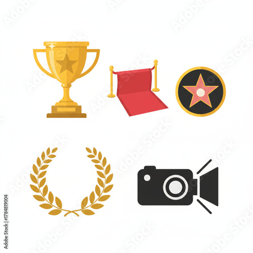 Golden trophy, red carpet, Hollywood star, laurel wreath, and video camera icons symbolizing awards, fame, and film industry achievements