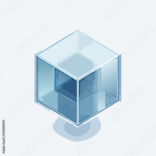 Isometric view of a clear glass cube representing transparency and minimalist design in modern age