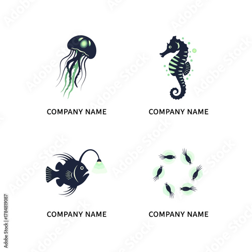 Collection of Marine Life Logos - Jellyfish, Seahorse, Anglerfish, and School of Fish.