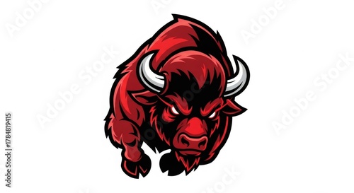 Aggressive Red Buffalo with Sharp Horns Charging Forward on White Background Mascot Style Logo Concept Bold Lines and Intense Gaze for Sporting Symbolism