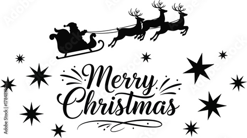 Santa claus sleigh and reindeer with merry christmas calligraphy Vector